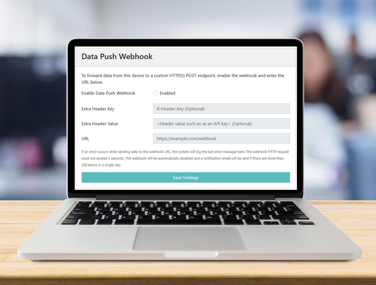 Senquip API webhook configuration on a laptop